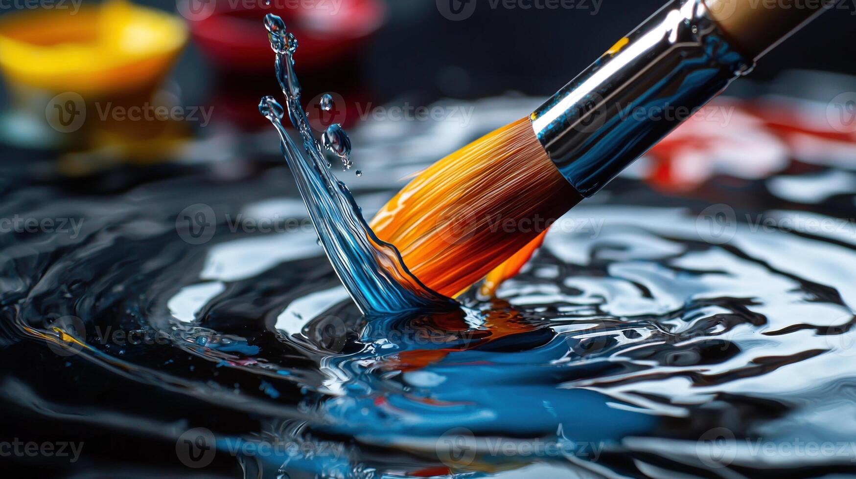 A brush is dipped into a blue paint and splashes water onto a canvas photo