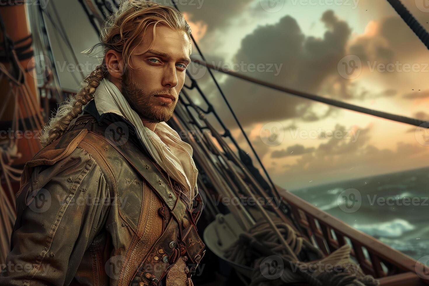A man with long hair and a beard stands on a ship photo