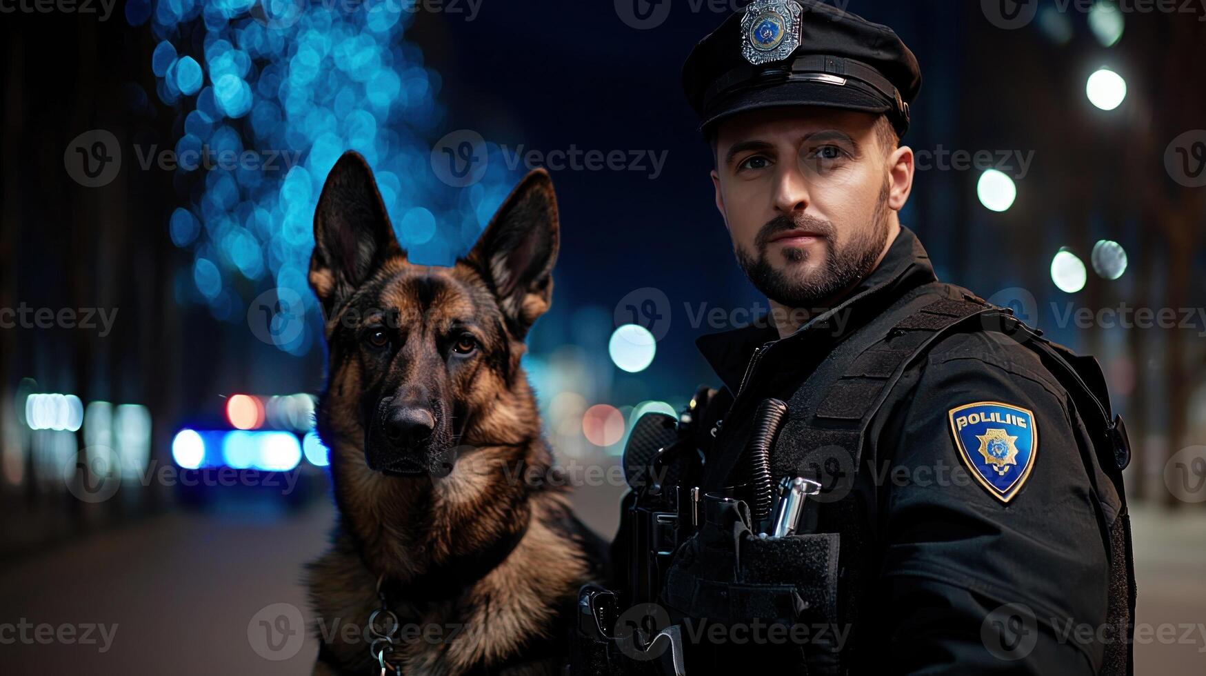 A police officer and his dog in the city at night photo