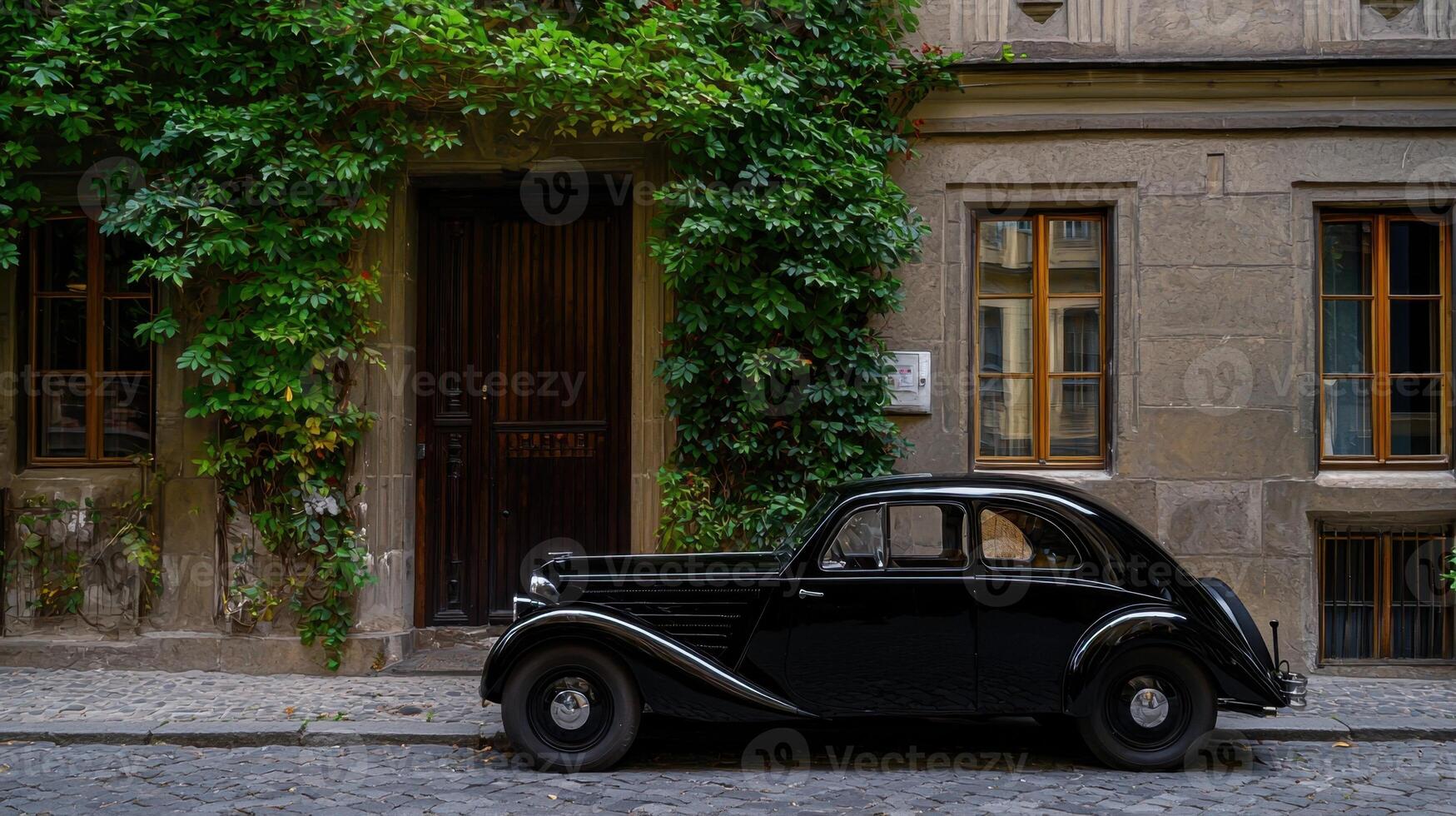 A vintage black car is parked along a narrow cobblestone street next to a historic building adorned with lush green vines, showcasing classic architecture and urban charm photo