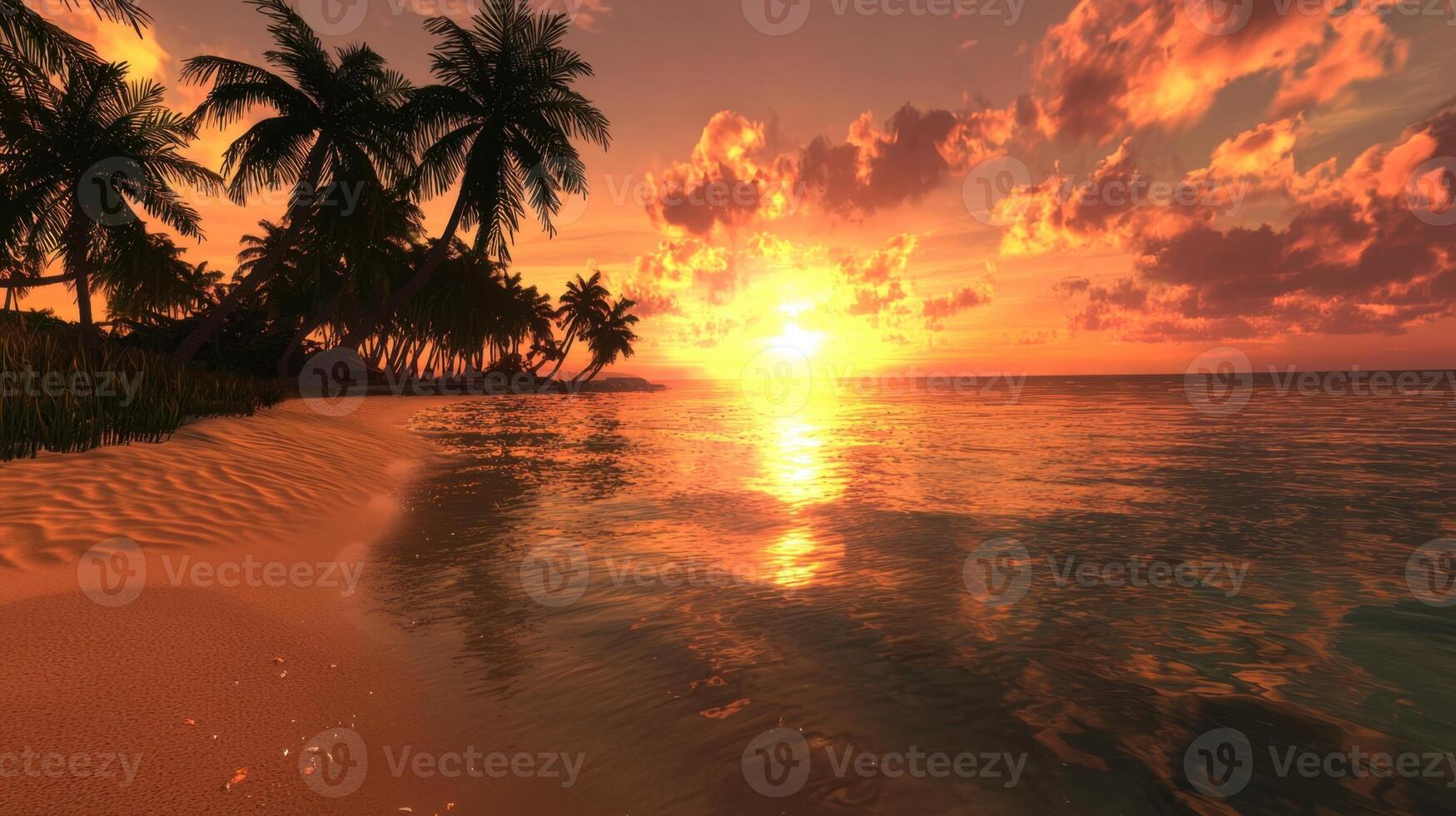A tropical beach scene with palm trees and the sun setting photo