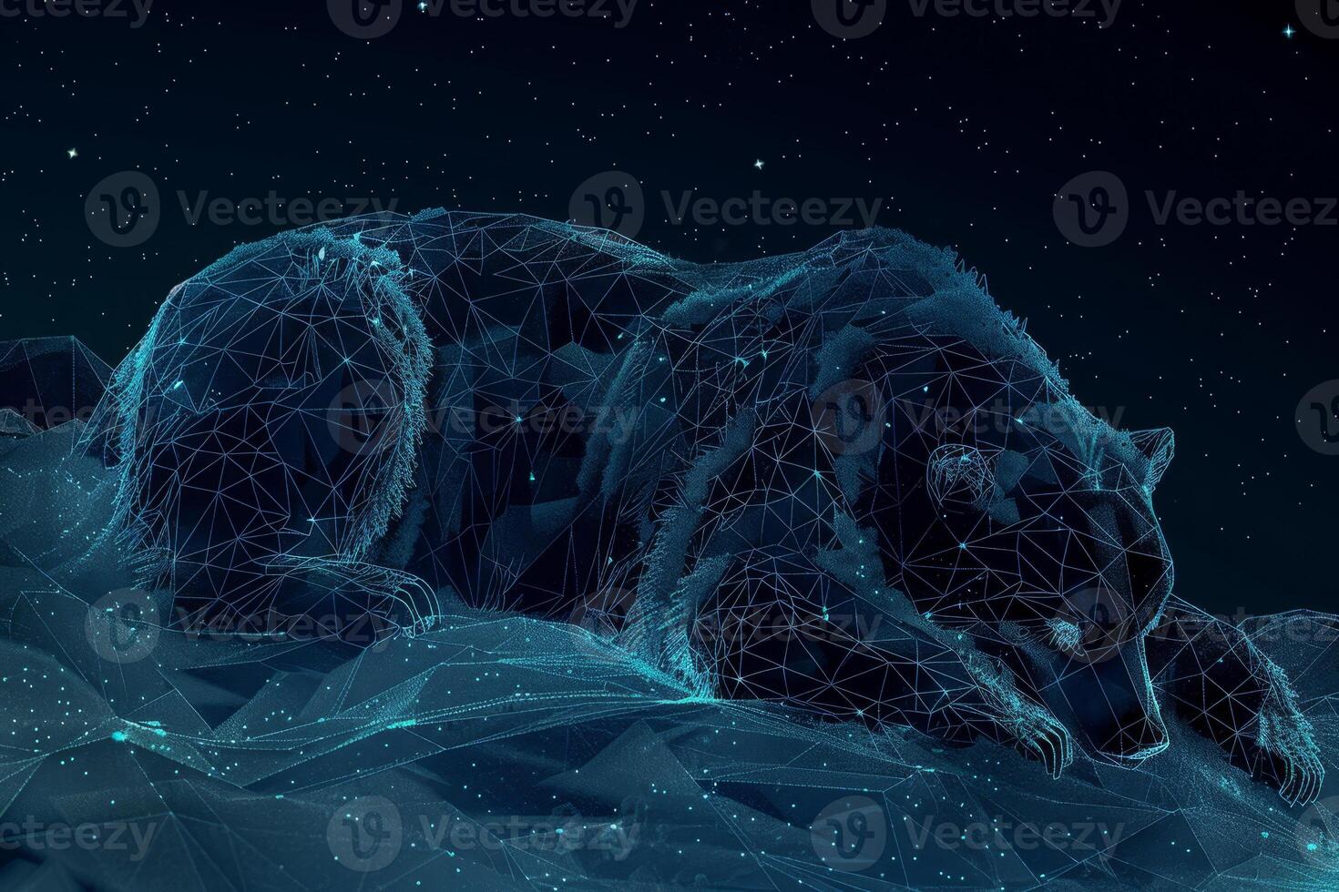 A bear sleeping on the ground with a starry background photo