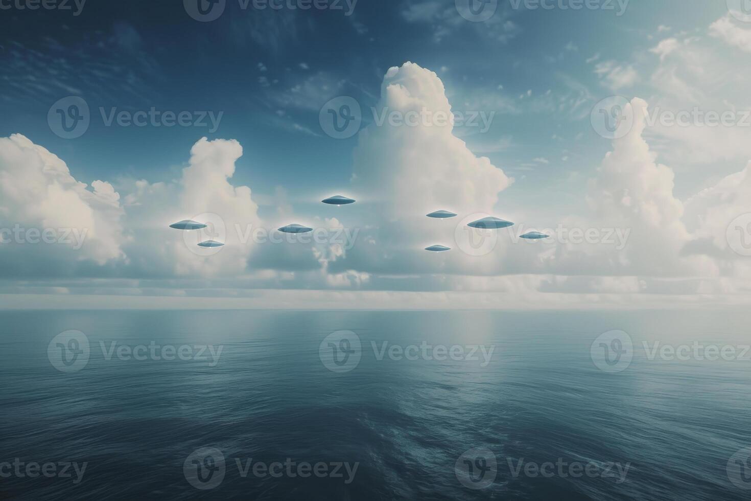 A blue sky with clouds and a few UFOs flying in the sky photo