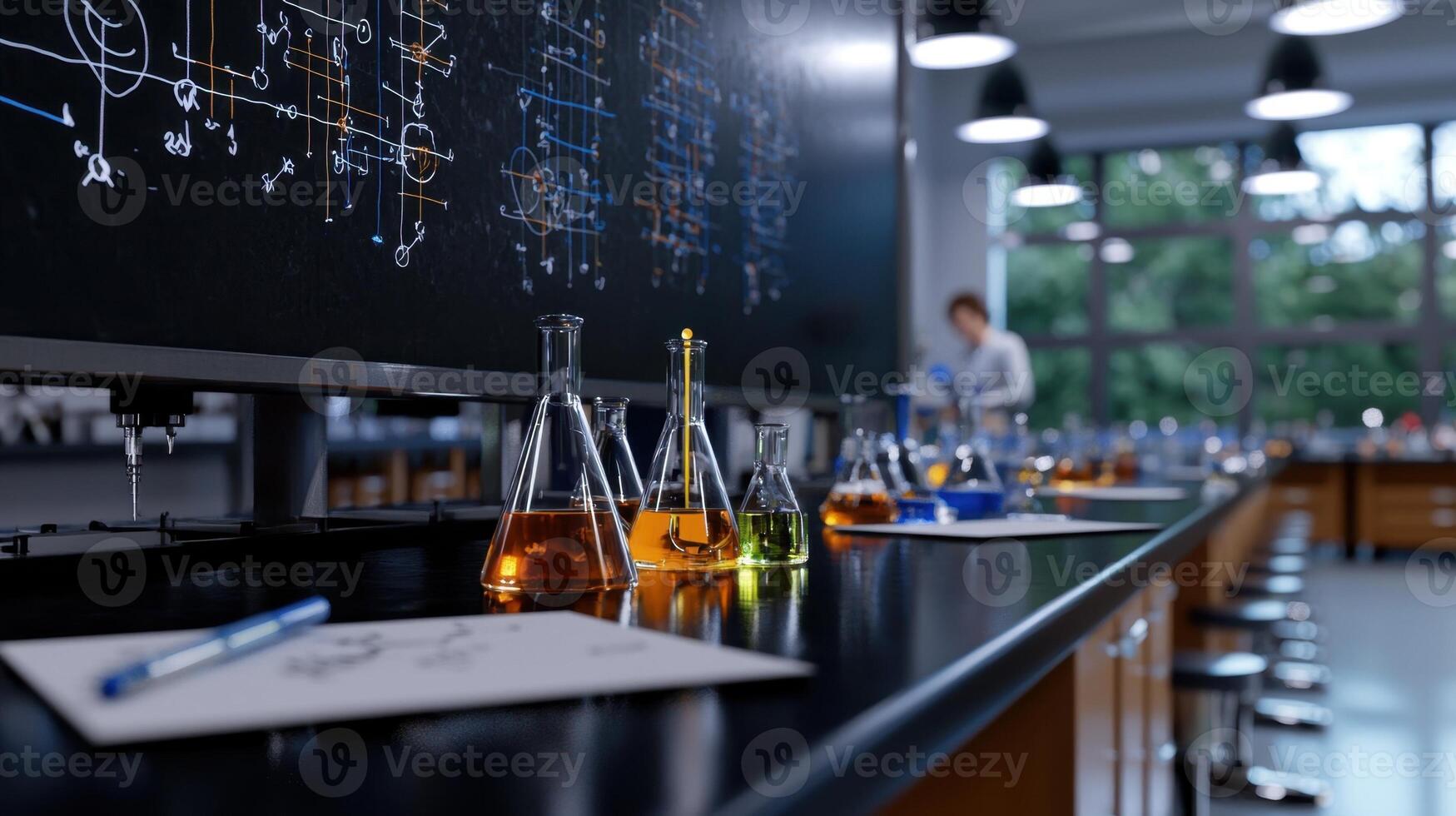 A laboratory with many flasks and a blackboard photo