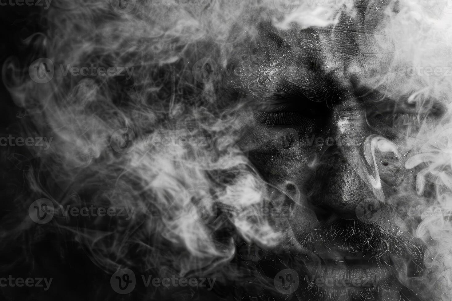 A man's face is obscured by smoke, creating a sense of mystery and unease photo
