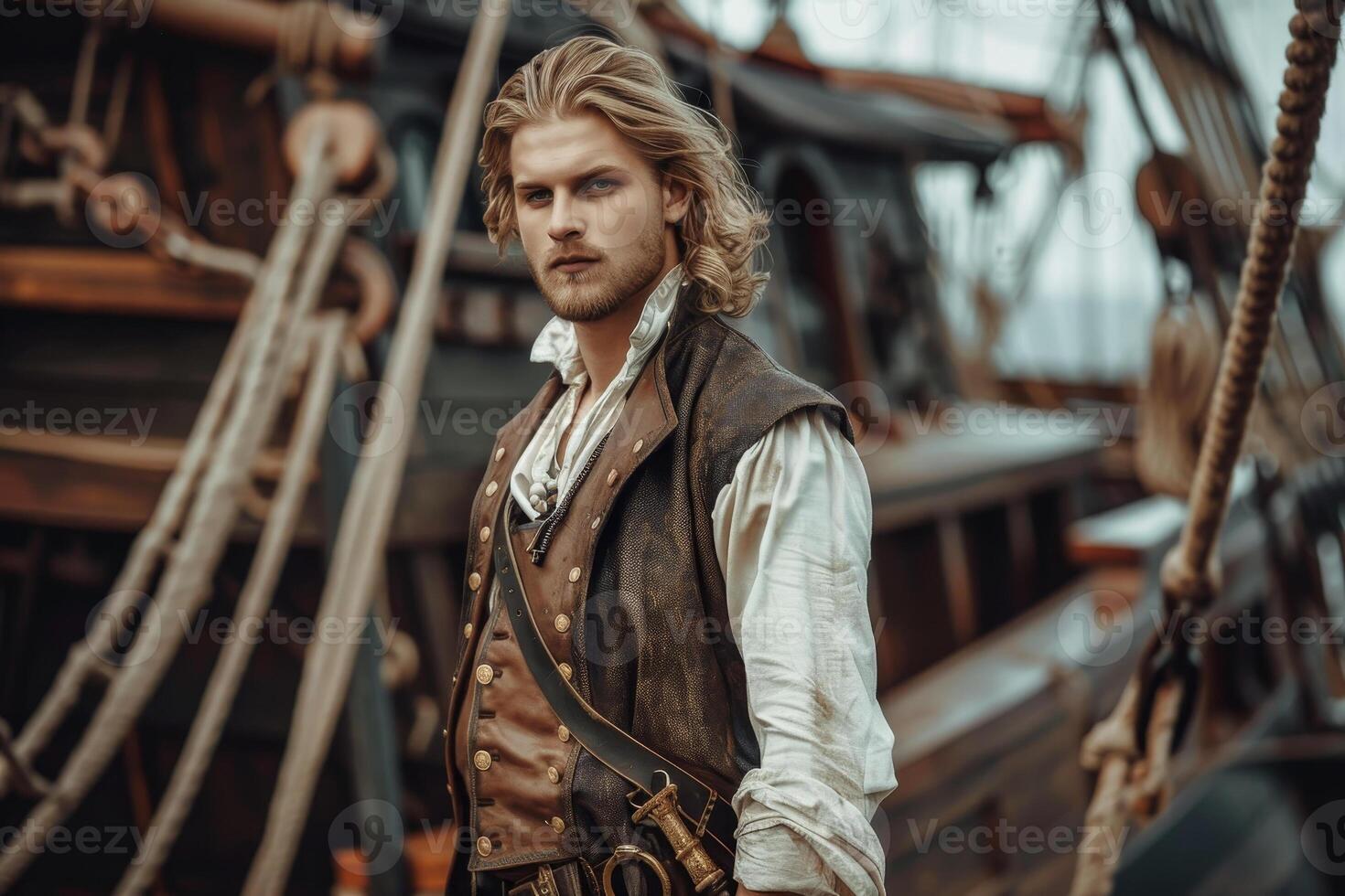 A man in a pirate costume stands in front of a ship photo
