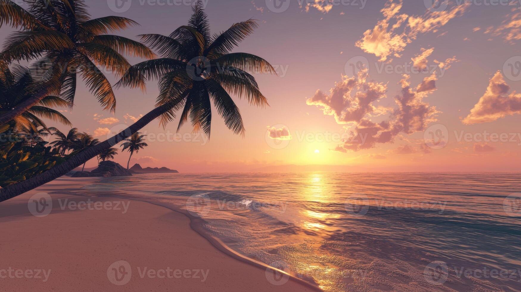 A tropical beach scene with palm trees and the sun setting photo