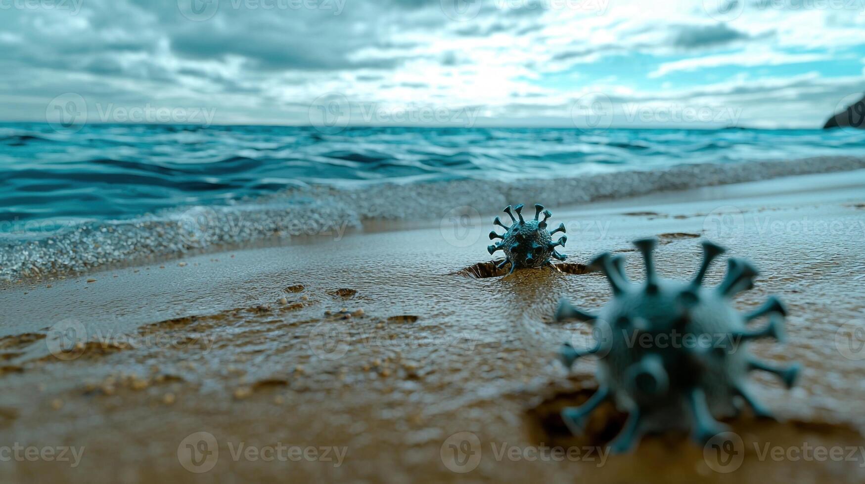 Two small, metallic objects are on the beach, one of which is a virus photo