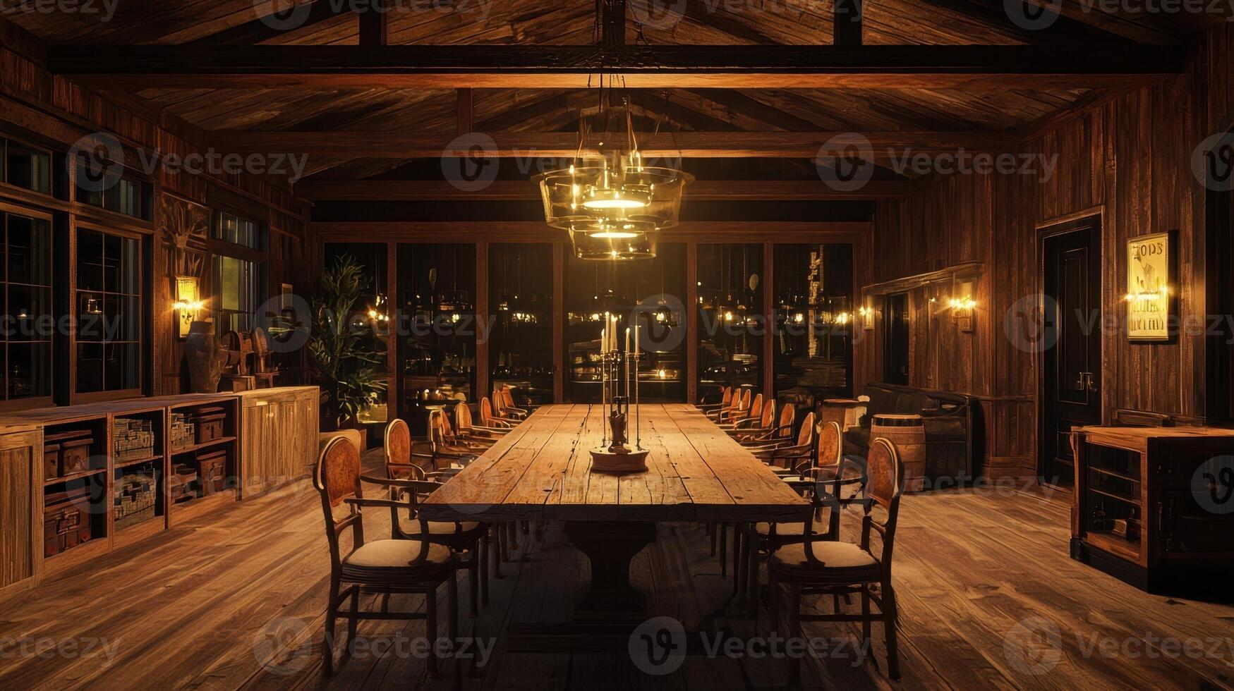 A long table in a room with wooden walls and ceiling photo