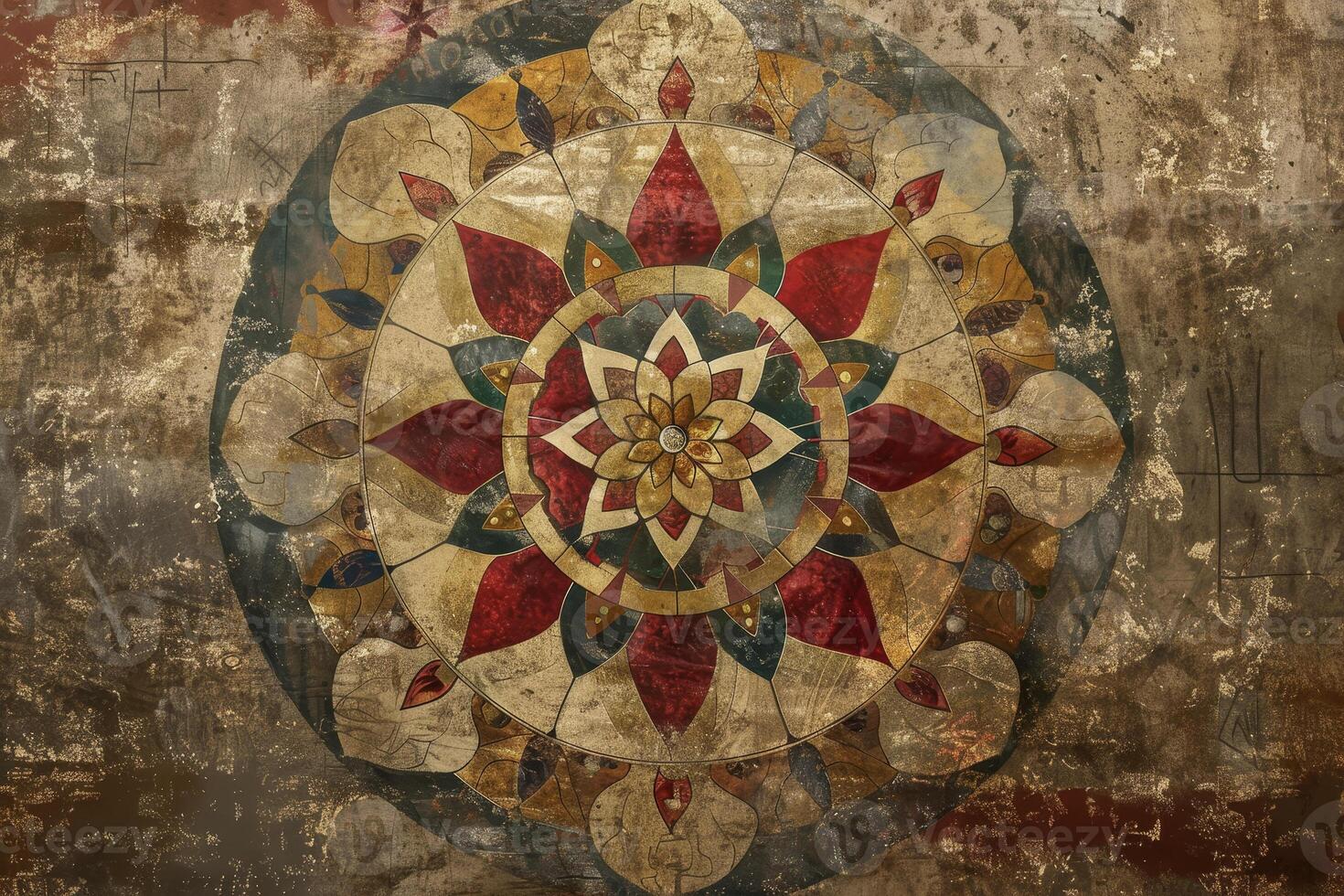 An old, grungy wall with a circular design photo