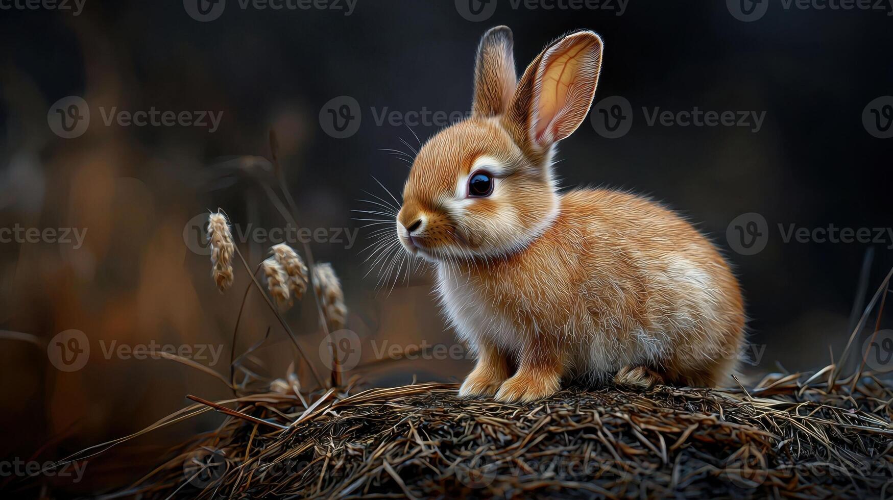 A small brown rabbit sitting on top of a pile of grass photo
