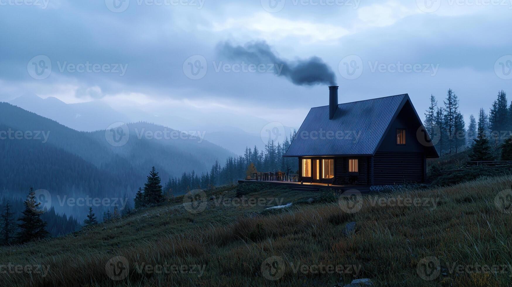 A cabin in the mountains with smoke coming out of the chimney photo