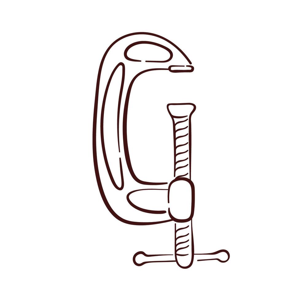 Carpenter clamp logo in line art style. Hand drawn design for construction business isolated on a white background. vector