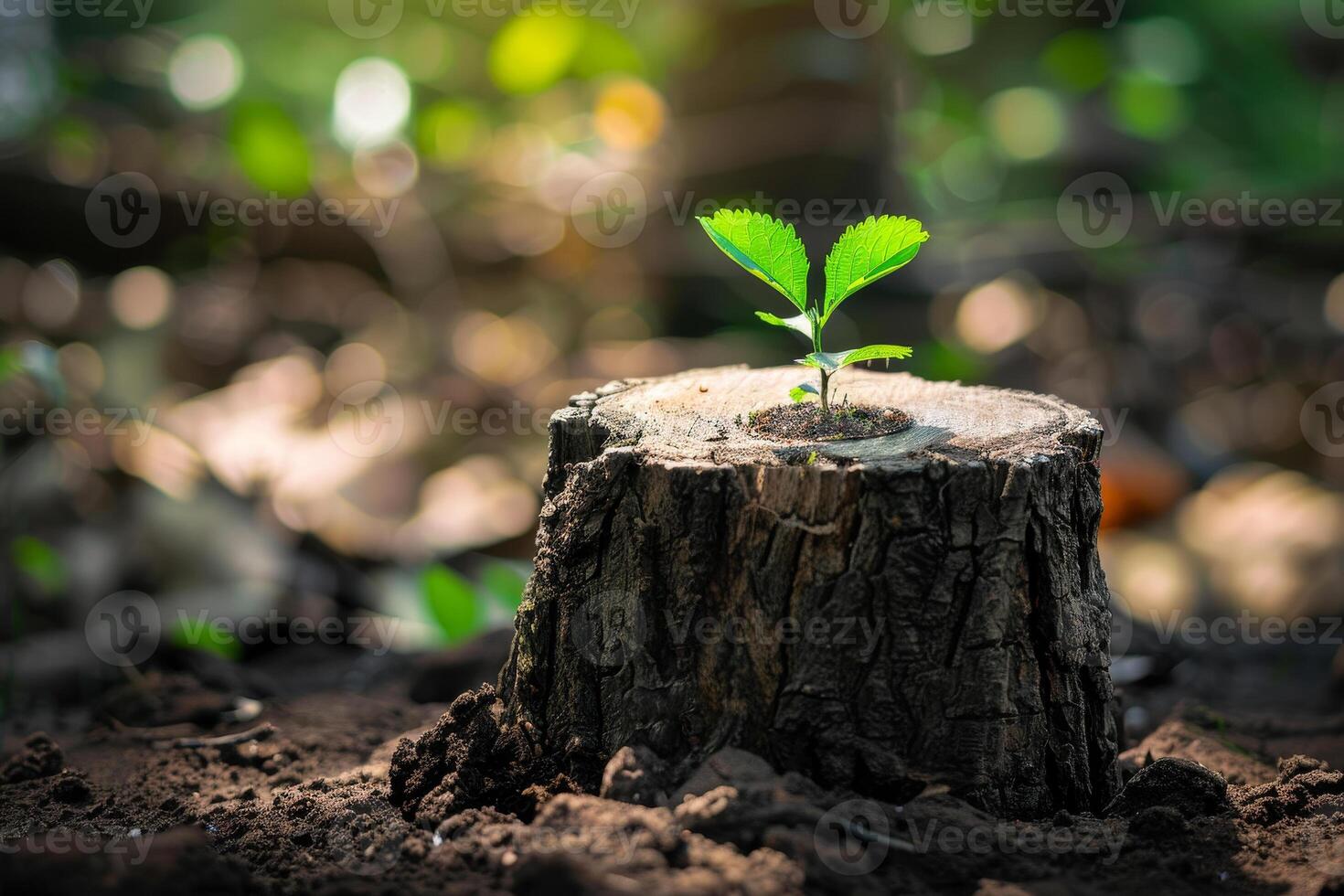 A small plant is growing out of a stump photo