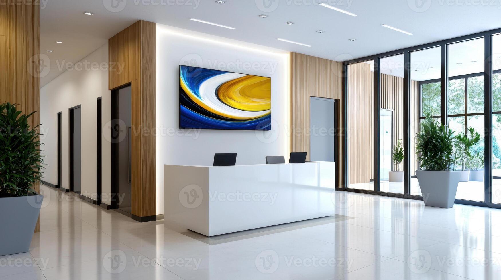 Modern office lobby with reception desk and large painting photo