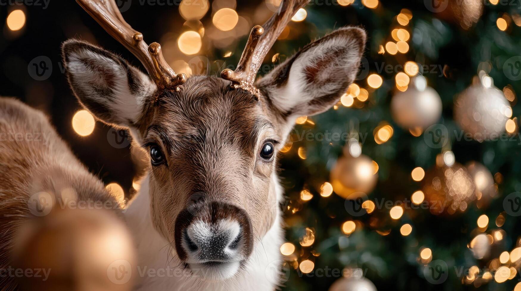 A deer with antlers is standing in front of a Christmas tree photo