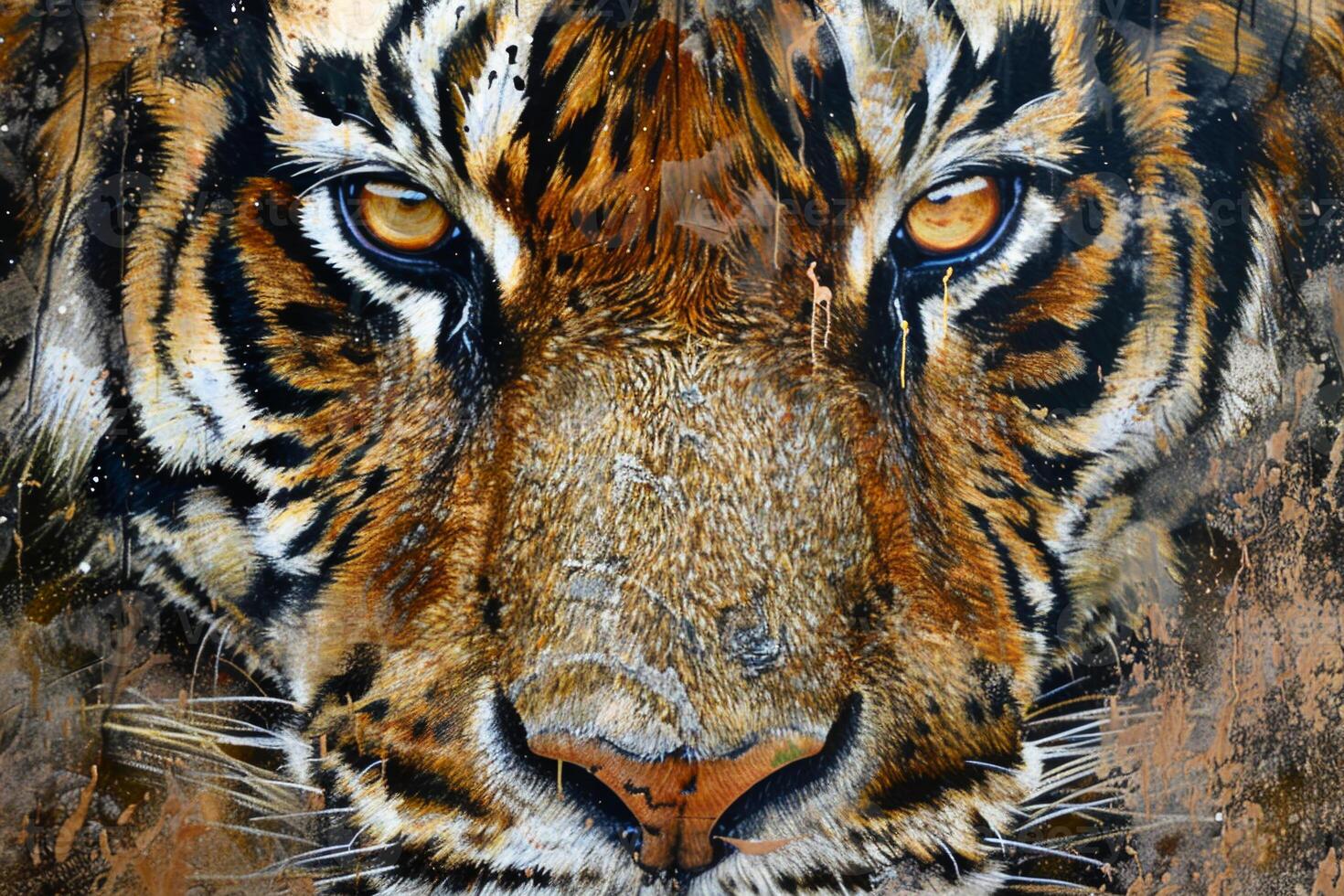 A painting of a tiger's face with a brown background photo
