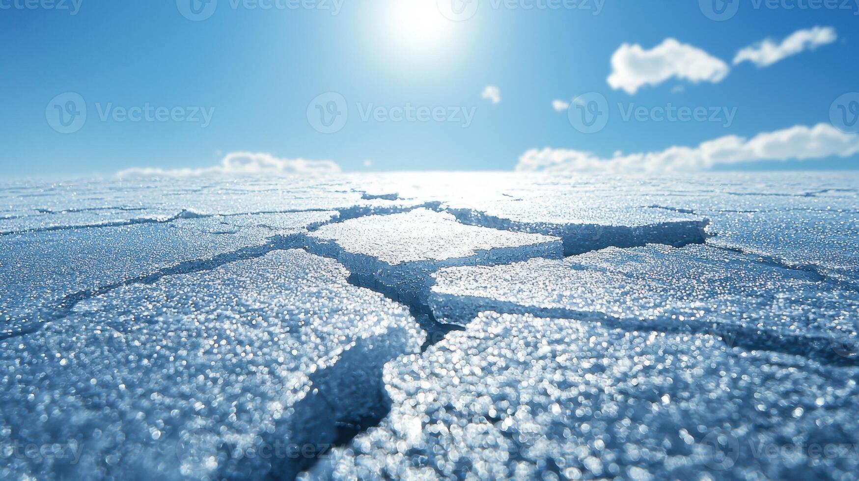 Glimmering ice stretches across the landscape, with noticeable cracks reflecting sunlight. The clear blue sky and distant clouds enhance the icy scenery during winter photo