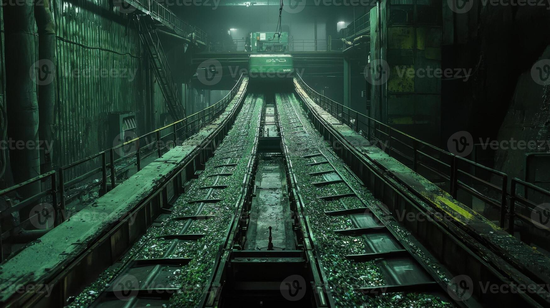 The dark room is filled with green pipes photo