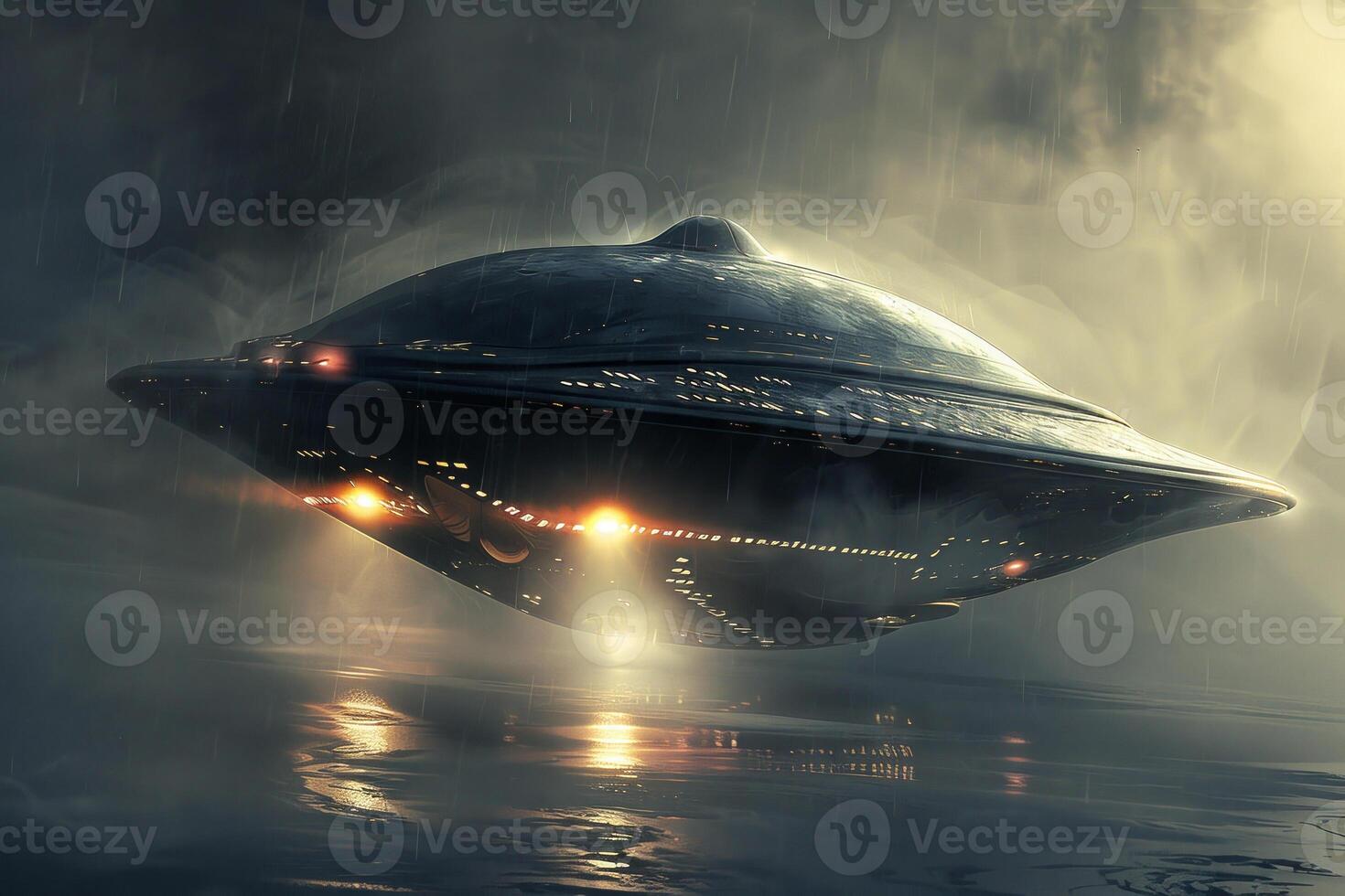 An alien spaceship flying over water in the dark photo