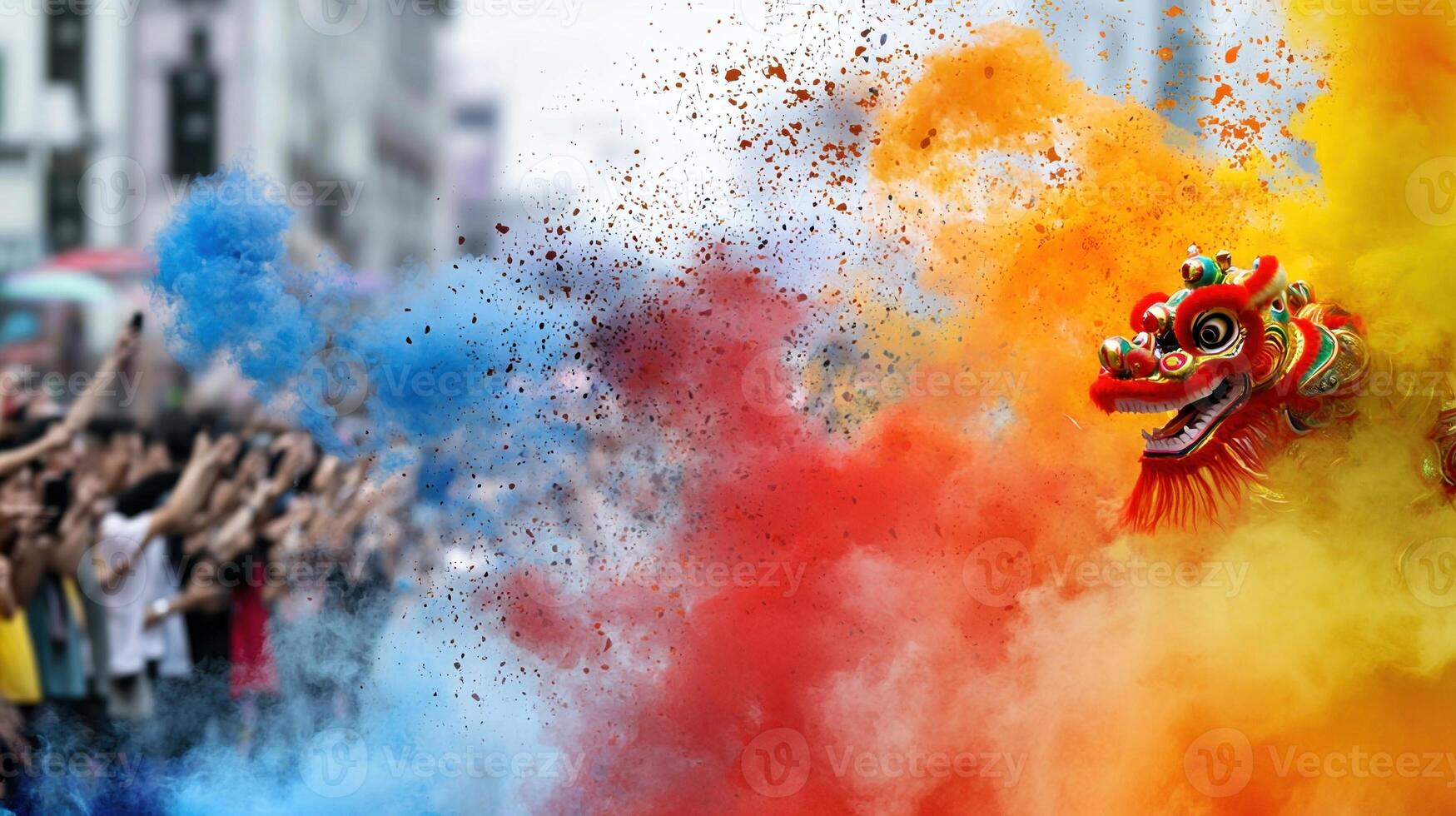 A dragon is surrounded by a colorful cloud of smoke photo