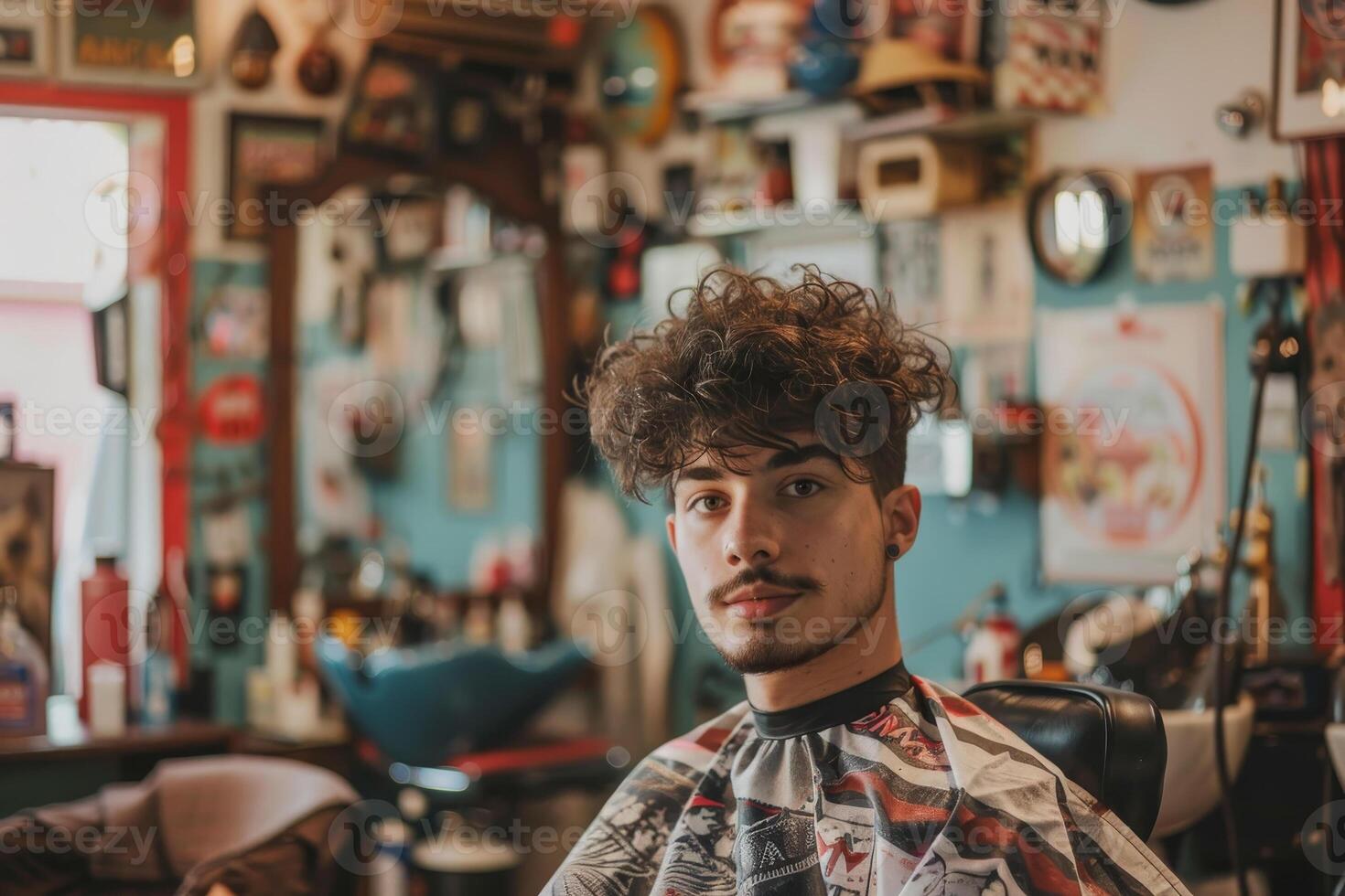 A man with curly hair sitting in a barber chair photo