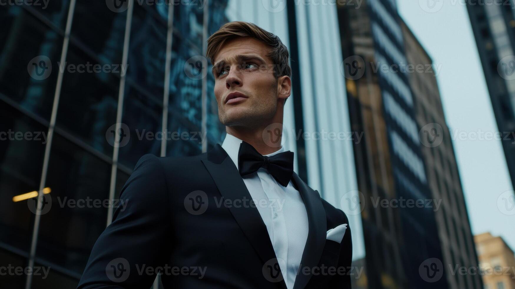 A man in a black suit and white shirt is standing in front of a tall building photo