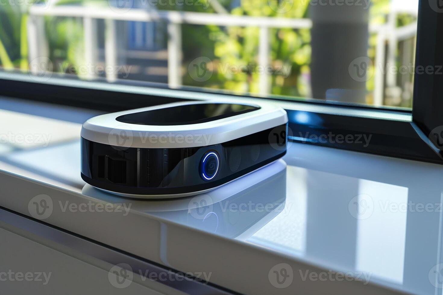 A small device sits on a countertop next to a window photo