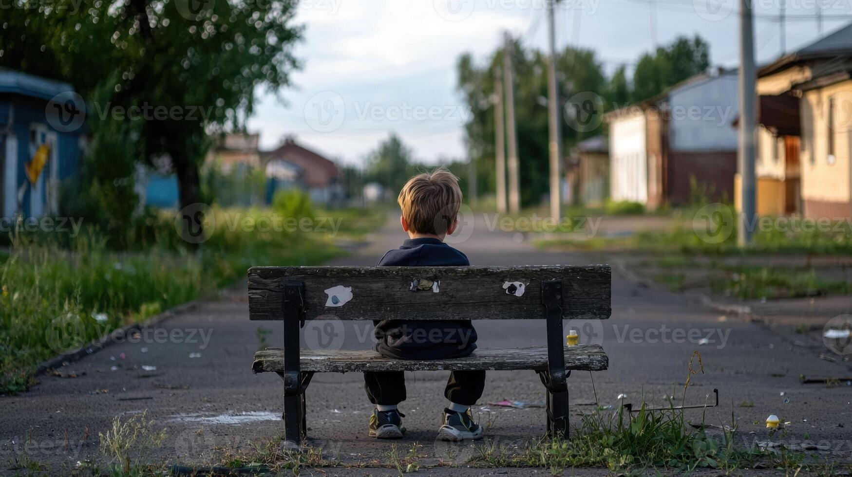 A young boy sits on a bench in an empty street photo