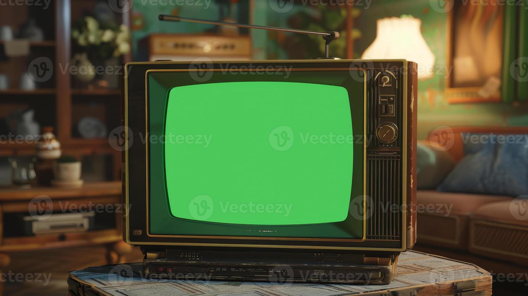 An old television with a green screen in front of a couch photo