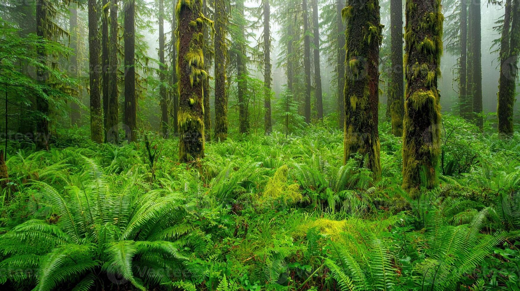 A forest with ferns and trees in the fog photo