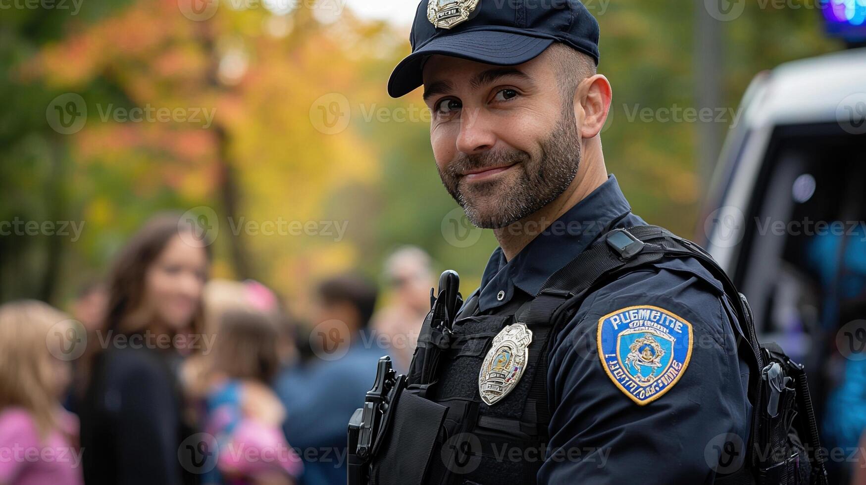 A police officer smiling in front of a crowd photo