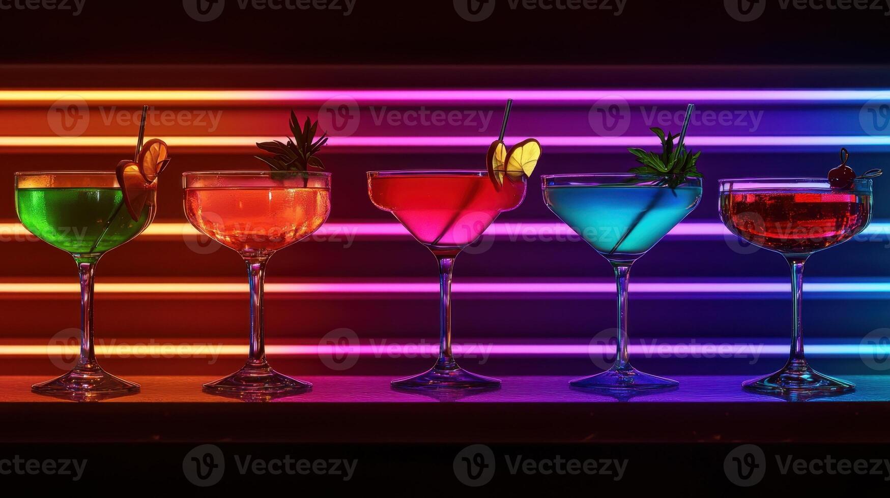 A row of colorful cocktails in front of a neon sign photo