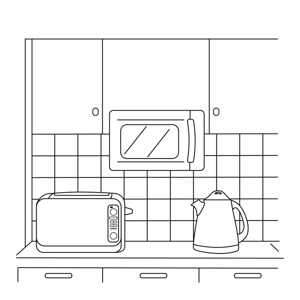 Modern Kitchen Counter with Appliances, home interior design outline drawing vector