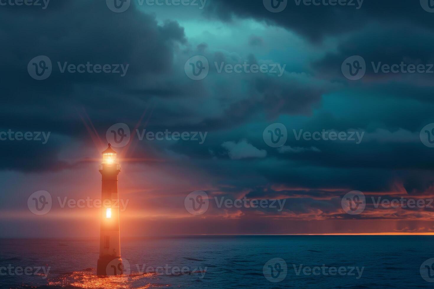 A lighthouse in the ocean with a stormy sky photo