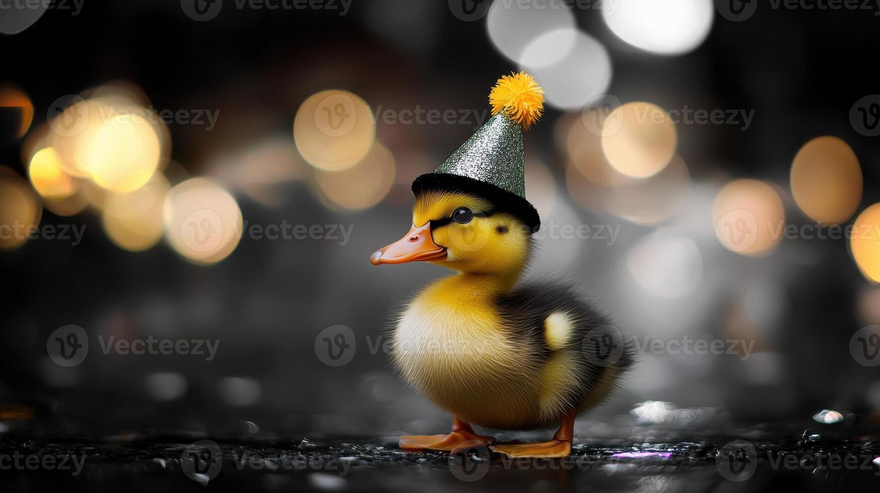 A duck wearing a party hat is standing on a wet surface photo