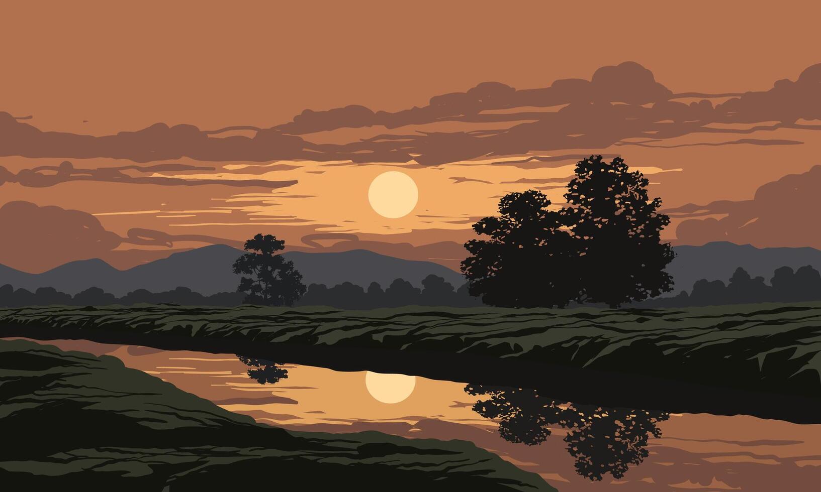 Breathtaking sunmmer sunset scenery with river vector