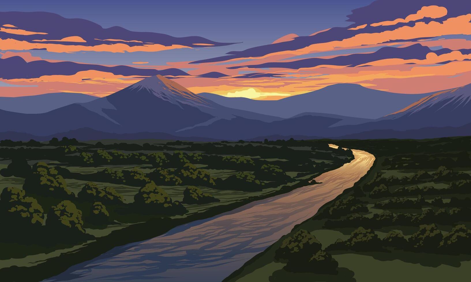 Aerial forest sunset scenery with river and mountain vector