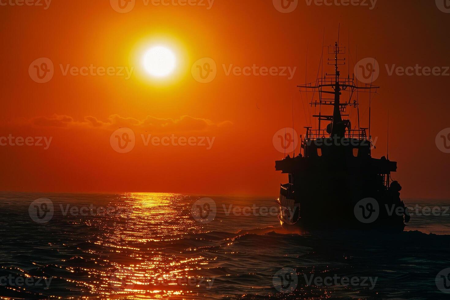 A boat in the ocean at sunset photo