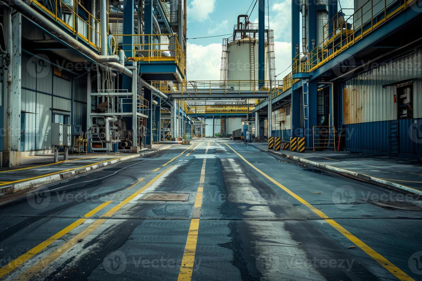 A large industrial area with a long road in the middle photo