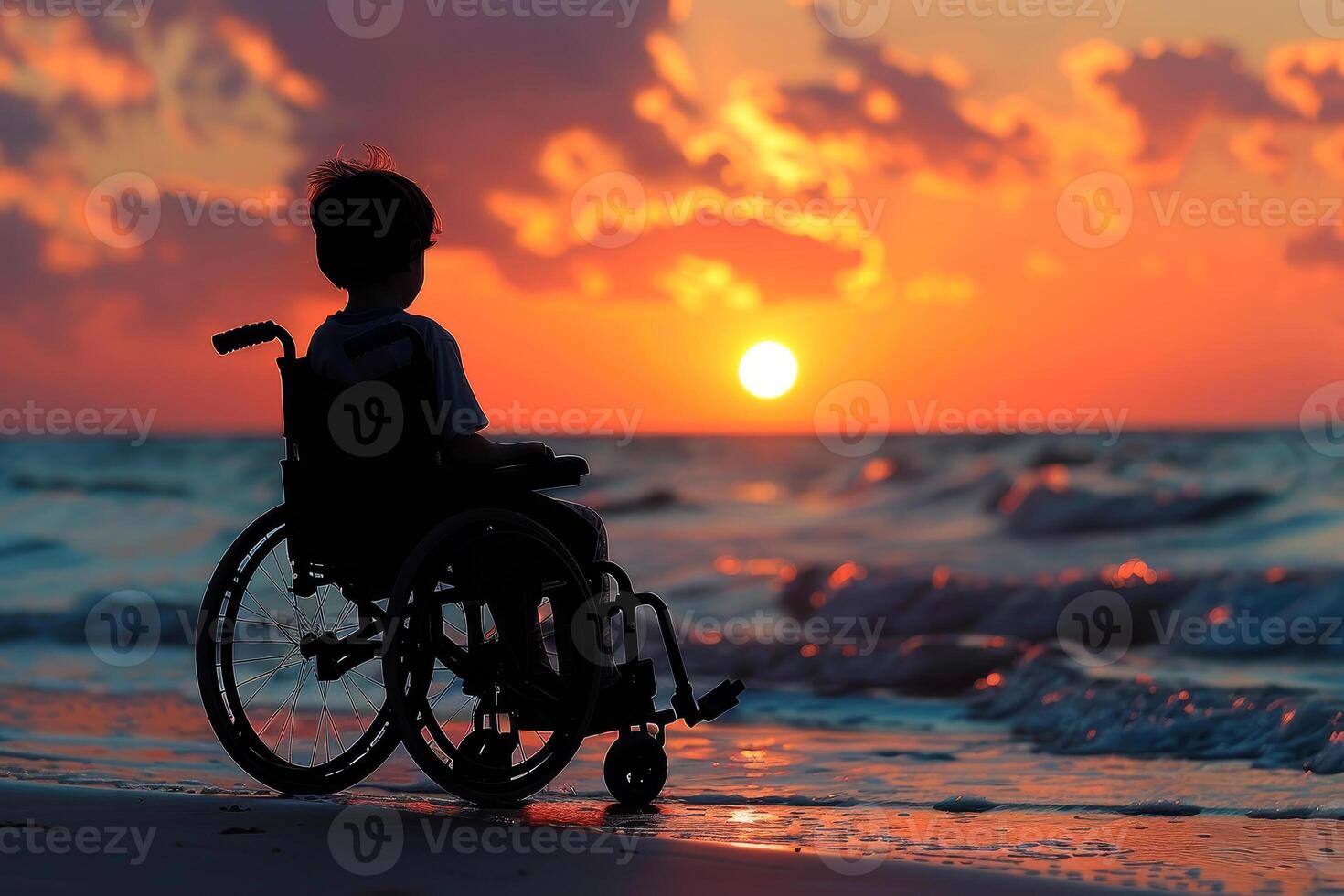 A child in a wheelchair is sitting on the beach at sunset photo