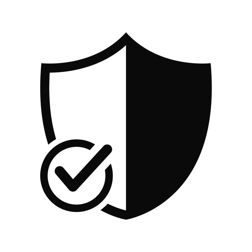 A black and white icon of a shield with a tick vector