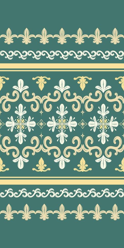 Elaborate Ornate Scroll Chinese Blossom and Lily Embroidery Pattern on Green Jade Background. Fleur de lis Victorian Border Design for Luxury Opulence Style Decoration Rich Damask Men's Wear Fabrics vector