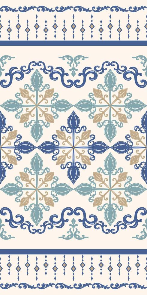 Exquisite Taste Luxury Scroll Ornament Border Pattern with Gold Silk and Shades of Blue Ombre Embroidery Hand Draw Geometric Decoration. Rich Border Light Cool Design Haute Couture Fashion Fabric Rim vector