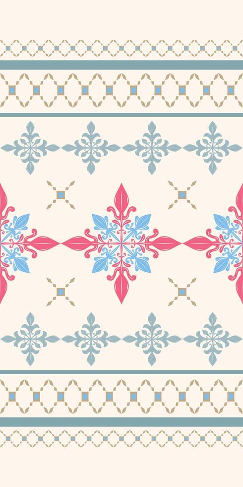 Grandeur Elegance Scrollwork Ornament Embroidery Pattern. Opulence Royal Silk Weaves Luxury Style on Beige Background. Pink Blue Green Border with Geometric Decoration Classy Design Rich Fabric Carpet vector