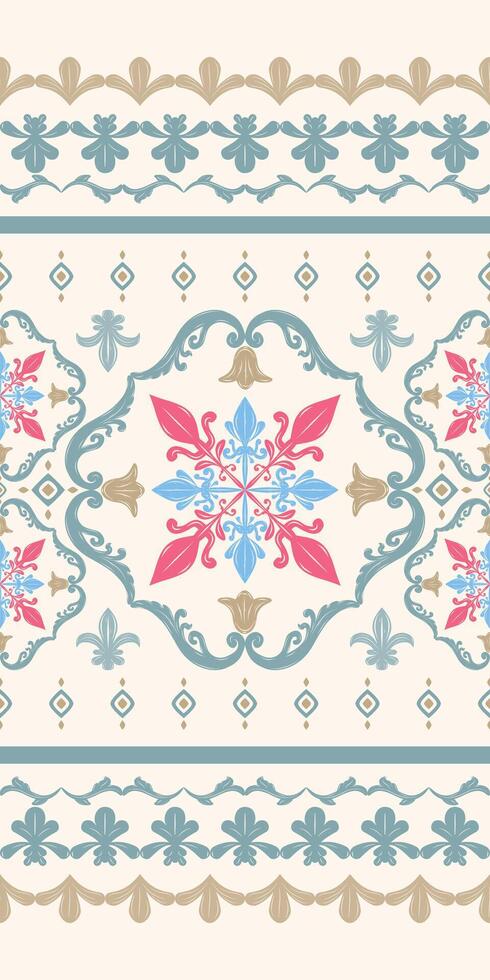 Luxury Sweet Florals Pattern and Frame On Light Beige Background Bright Colorful Design for Delicate Haute Couture with Gold Decoration. High Class Mode Border Embroidery Silk Weaves Seamless Lace vector