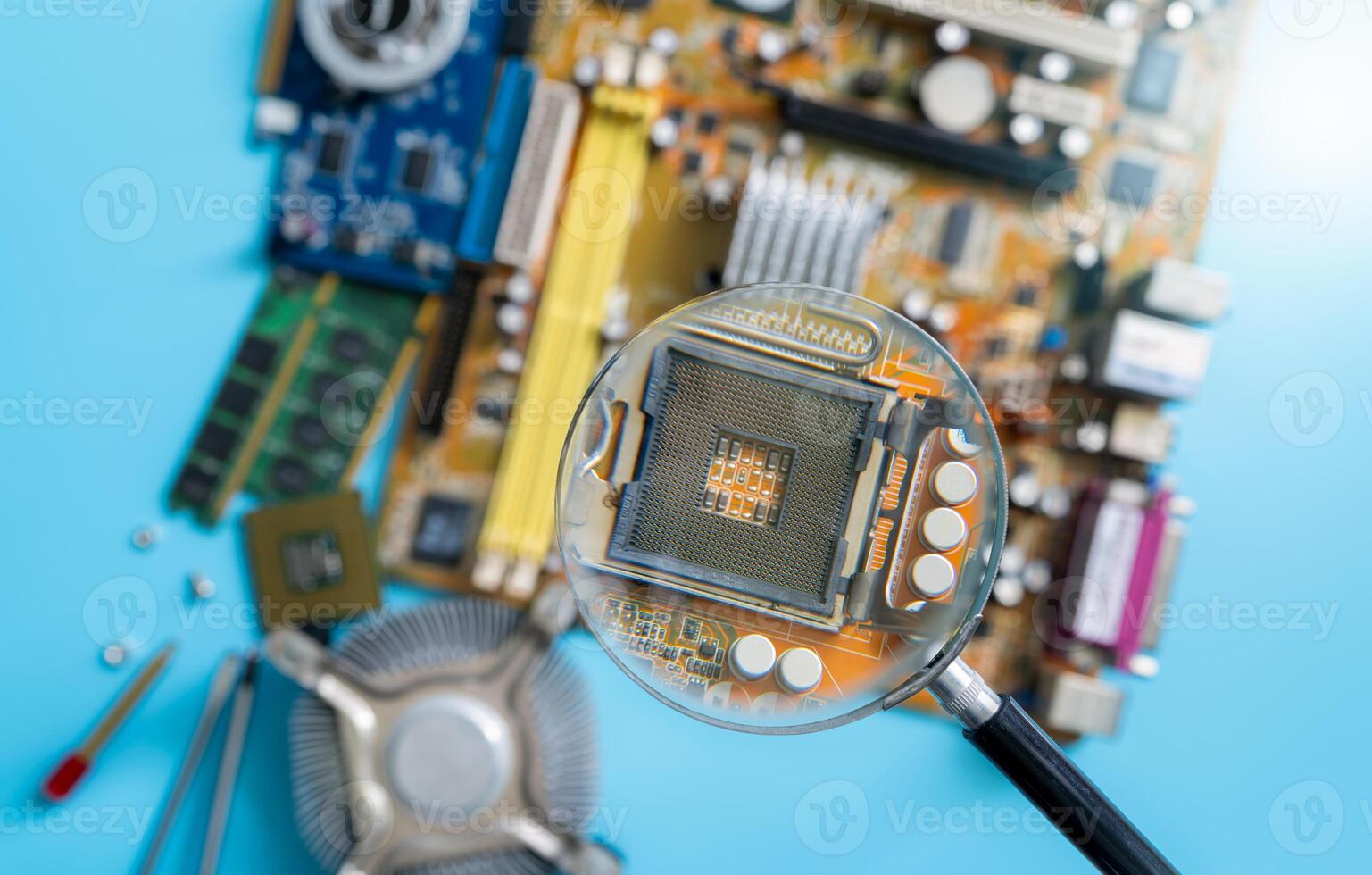 Magnifying glass inspecting electronic circuit board with no computer chip, showcasing quality control, hardware analysis, and innovation in technology design and maintenance. Precision in engineering photo