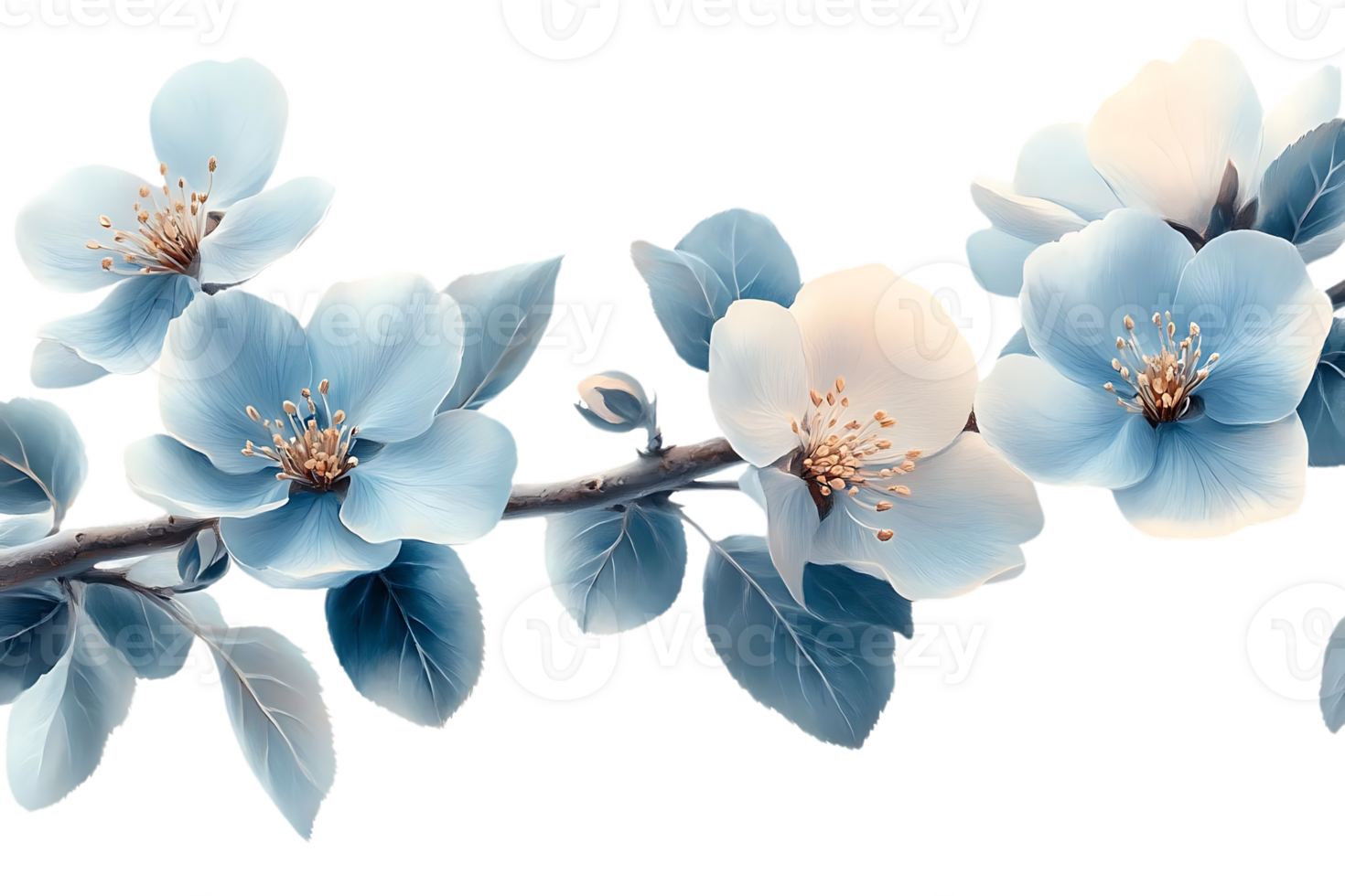 Blue Flower Branch, Transparent Background, Artistic Floral Design, Digital Painting png