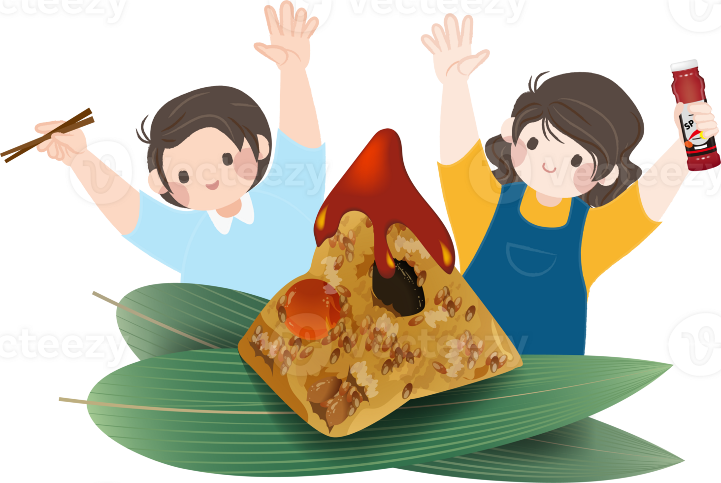 Dragon Boat Festival illustration, people cheering while opening rice dumplings png