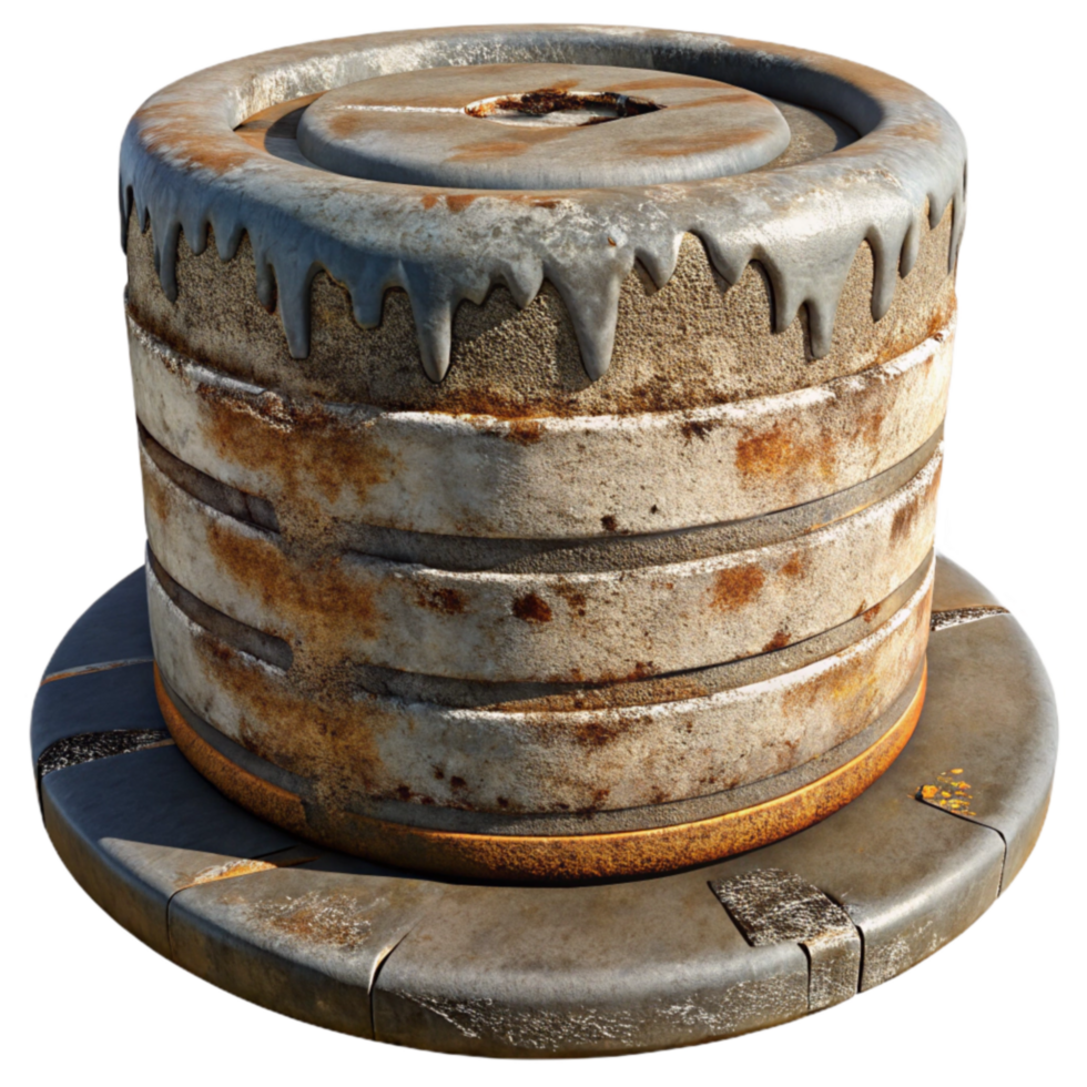beautiful traditional Rusty Metal Cylinder with Concrete Base 3D Render exclusive png